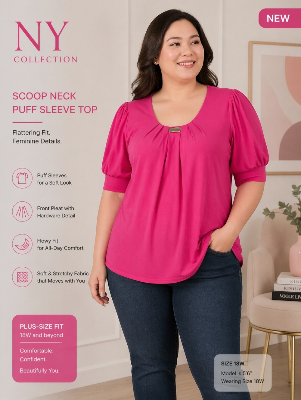 NY Collection Scoop Neck Puff Sleeve Top - Hot Pink Blouse